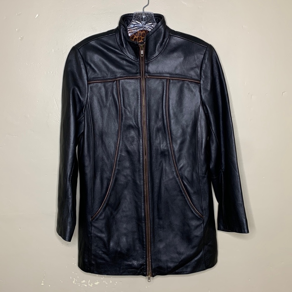COLDWATER CREEK Leather Jacket Black Brown Zip Front Mock Neck PXS